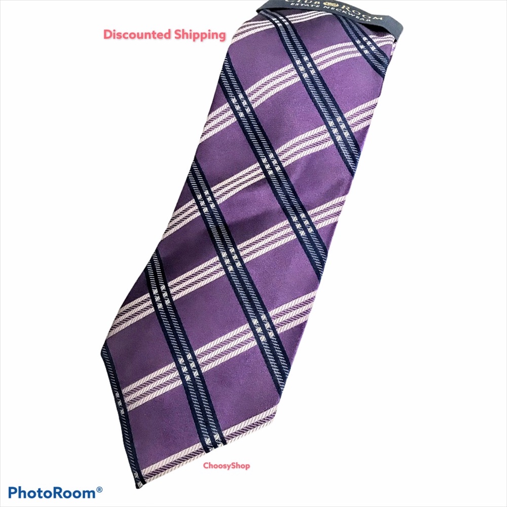 NWT Silk Tie Club Room Estate Purple Navy White Plaid Silk Quality Tie
